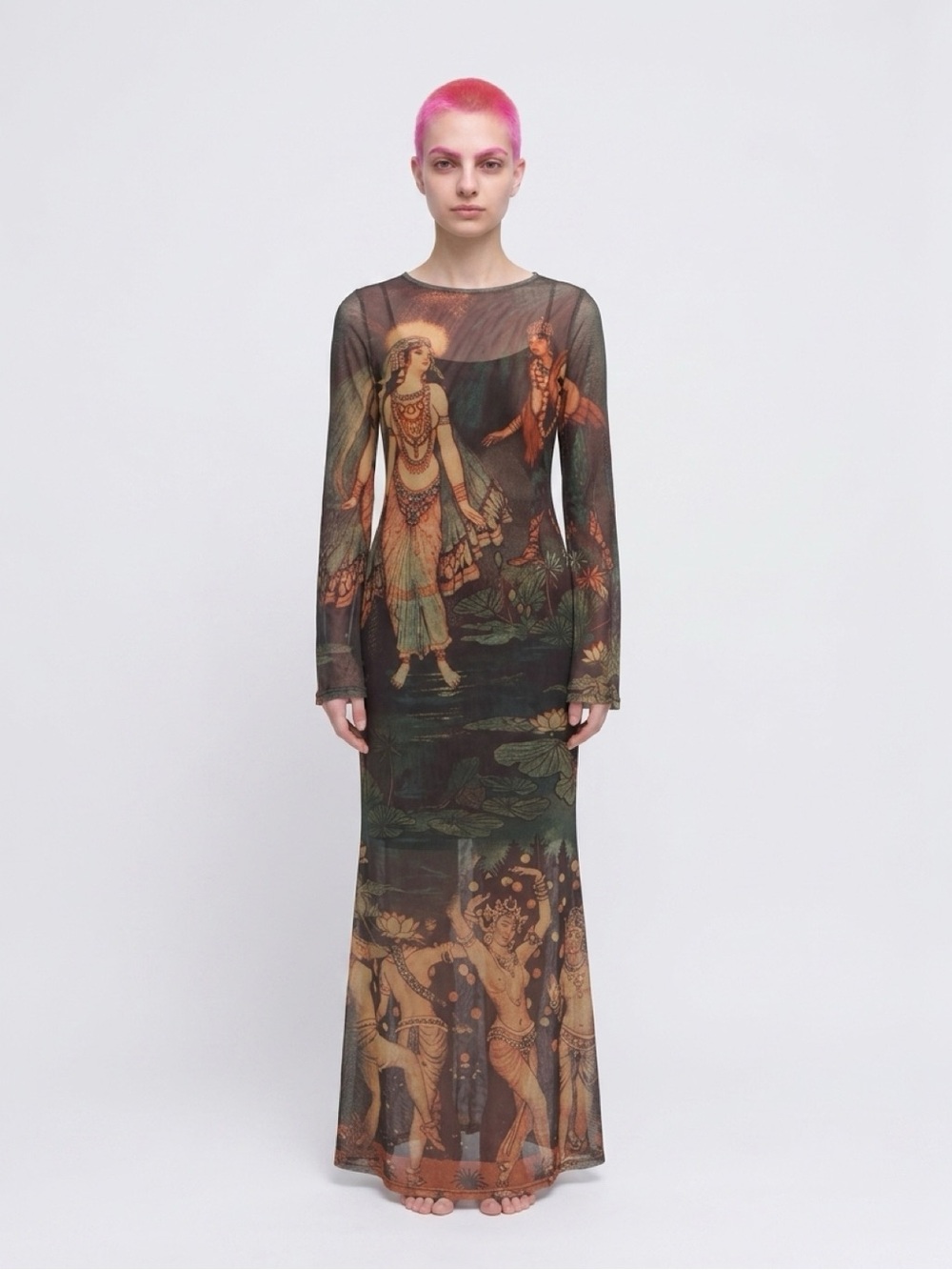 Sheer Y2K Style Long-Sleeve Printed Maxi Dress Shantanu Meets Goddess Ganga Art